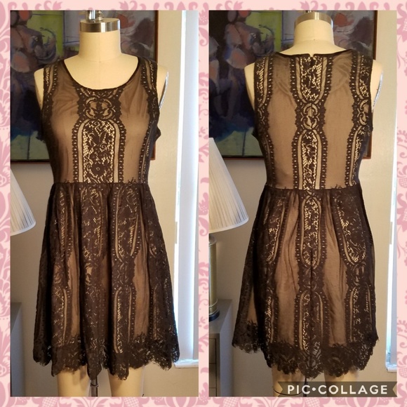 Blu Pepper Dresses & Skirts - Black Lace Overlay Beige Nude Dress